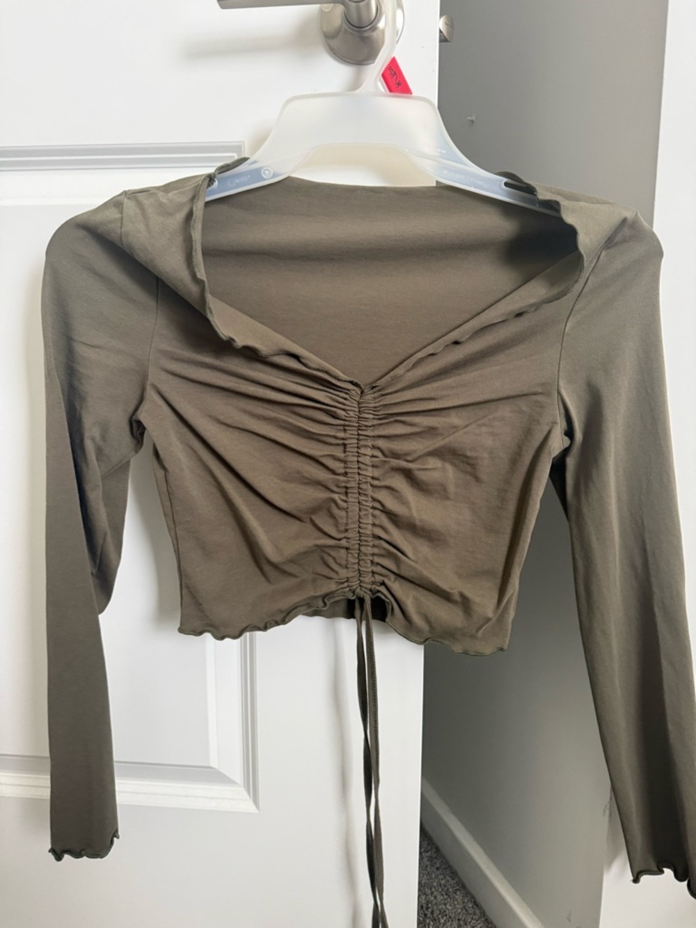 Olive Ruched Drawstring Long-Sleeve Crop Top